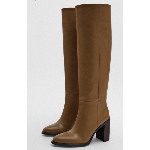 Zara Knee High Heeled Leather Boots Brown Bloggers Favorite NWT - Picture 3 of 14